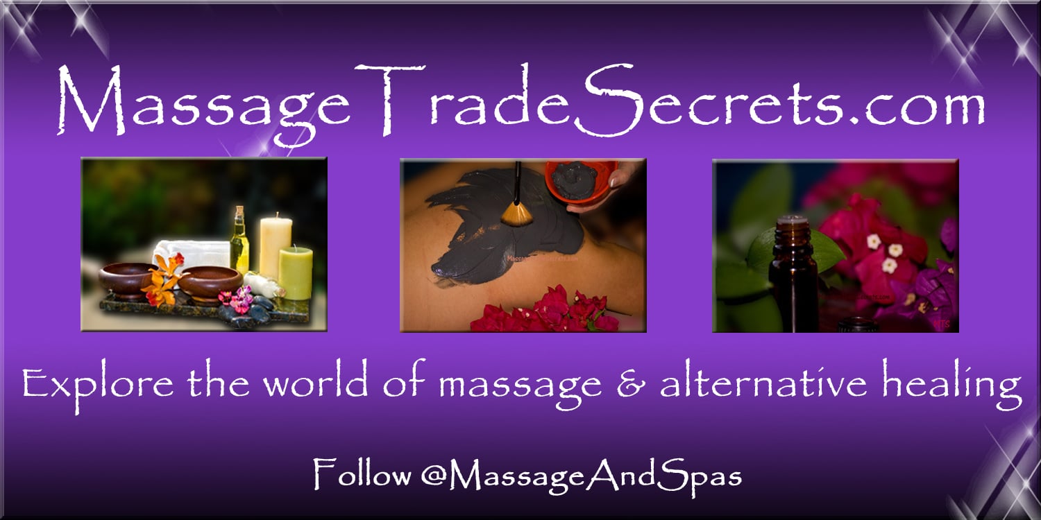 Purple background behind three images representing massage and alternative healing. Images include aromatherapy oils, mud treatment and essential oils.